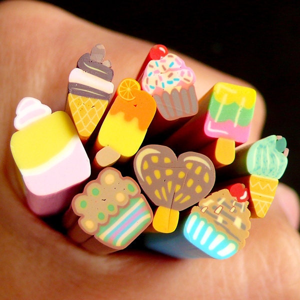 Sweets Polymer Clay Cane Mix Assorted Miniature  Fimo Cane Set (BIG LARGE / 9pcs 2.5cm Long) Kawaii Cupcake Ice Cream Bar Popsicle CMX046