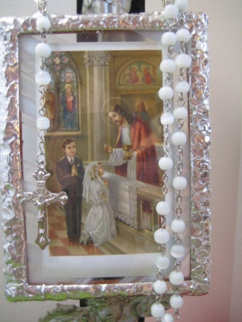 First Holy Communion Gift  Stained Glass Prayer Card Devotional  Keepsake  with Rosary Made to Order   Personalized Girl
