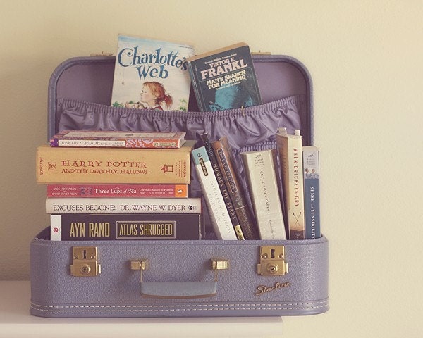 reading, 8 x 10 photograph, home decor, books, vintage suitcase, blue