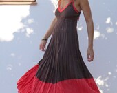 Maxi Crinkled Linen Dress in Chocolate Brown with Red