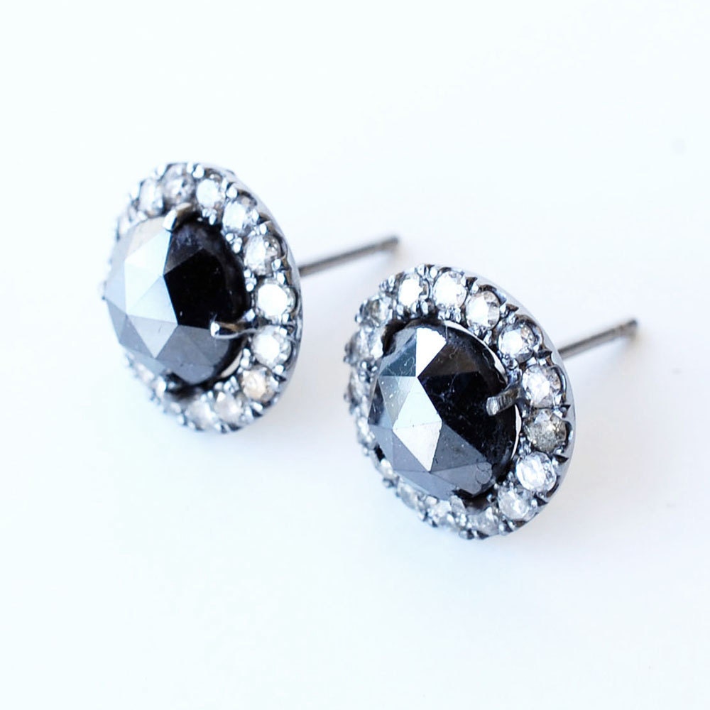 Black Diamond Earrings, Rose Rose Cut Black Diamond Earrings, Diamond Studs, Black Diamond Studs, Pave, Antique Finish Earrings, Nixin
