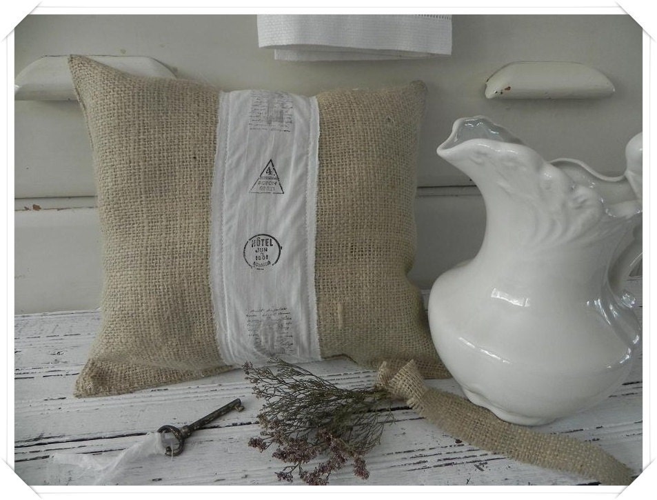 Burlap Pillow with Hand-Stamped post card graphics on White Cotton