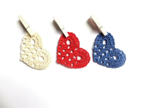 Crocheted hearts, home decorations, applique, embellishments, scrapbooking, independence day, white, red, blue /set of 9/