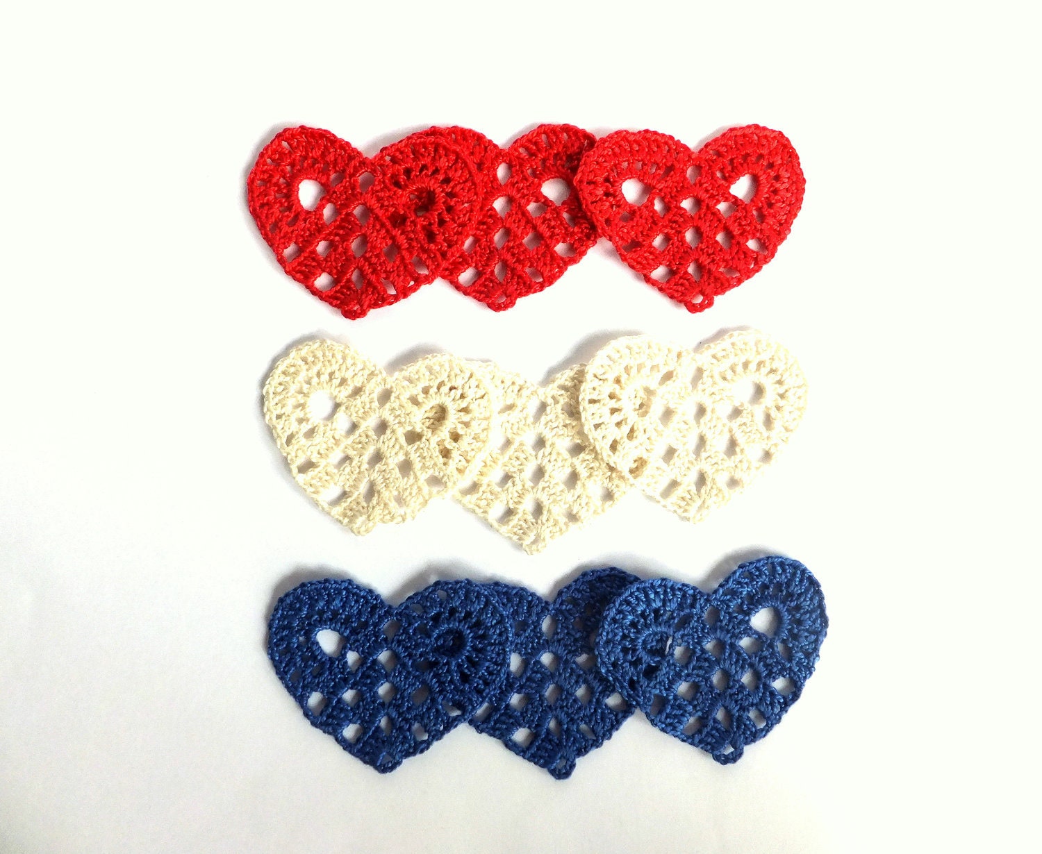 Crocheted hearts, home decorations, applique, embellishments, scrapbooking, independence day, white, red, blue /set of 9/