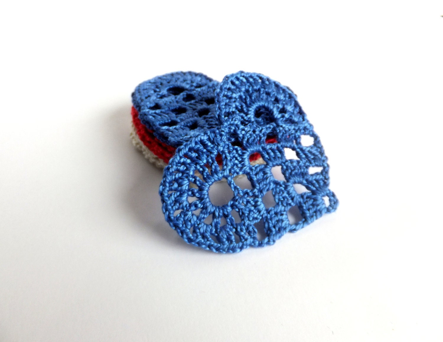 Crocheted hearts, home decorations, applique, embellishments, scrapbooking, independence day, white, red, blue /set of 9/