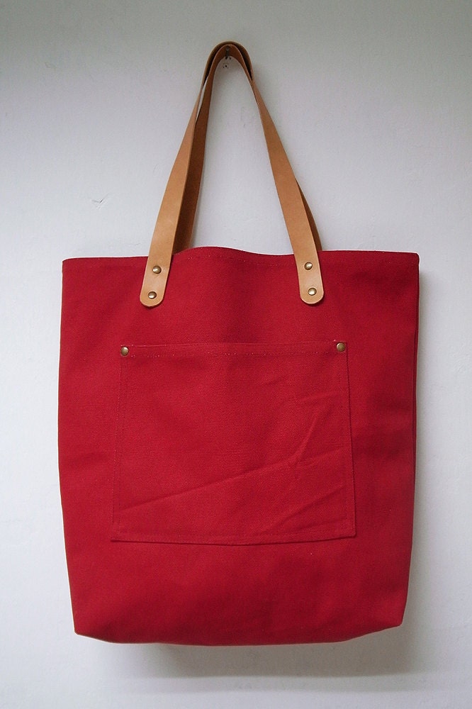 Leathinity - Red Canvas Tote Bag w/ Genuine Leather Handles - Eco Friendly