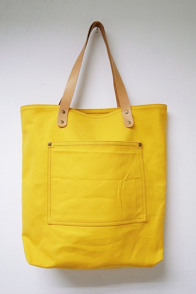 Leathinity - Yellow Canvas Tote Bag w/ Genuine Leather Handles - Eco Friendly