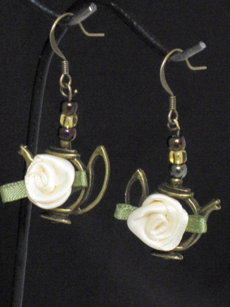Cream Rose and Brass Teapot Earrings Handmade By HardwareHoney Jewelry