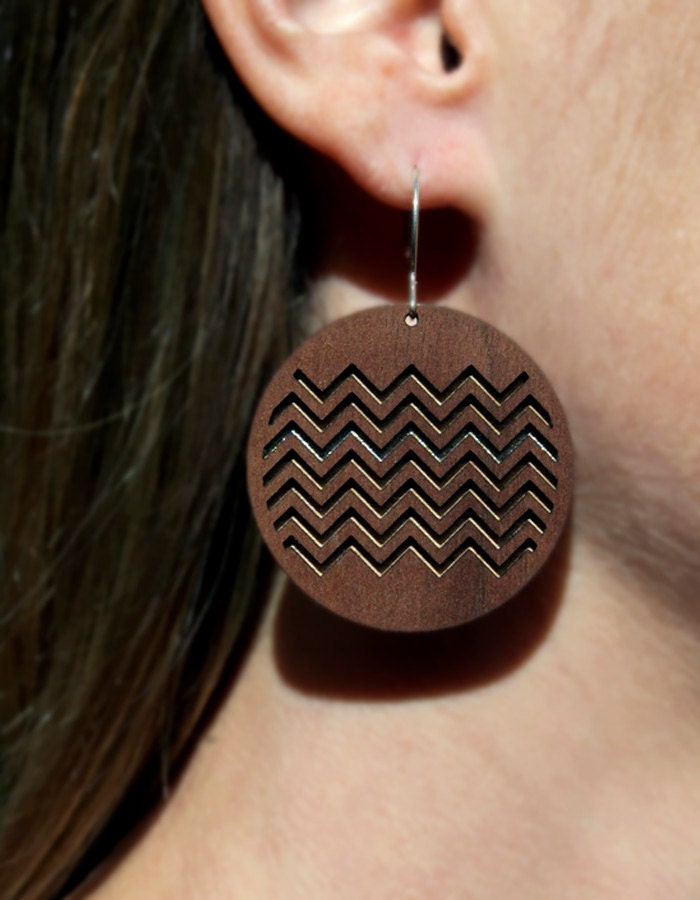 ZigZag Chevron Earrings in Walnut Wood with Silver Accents on Handmade Sterling Silver Earwires