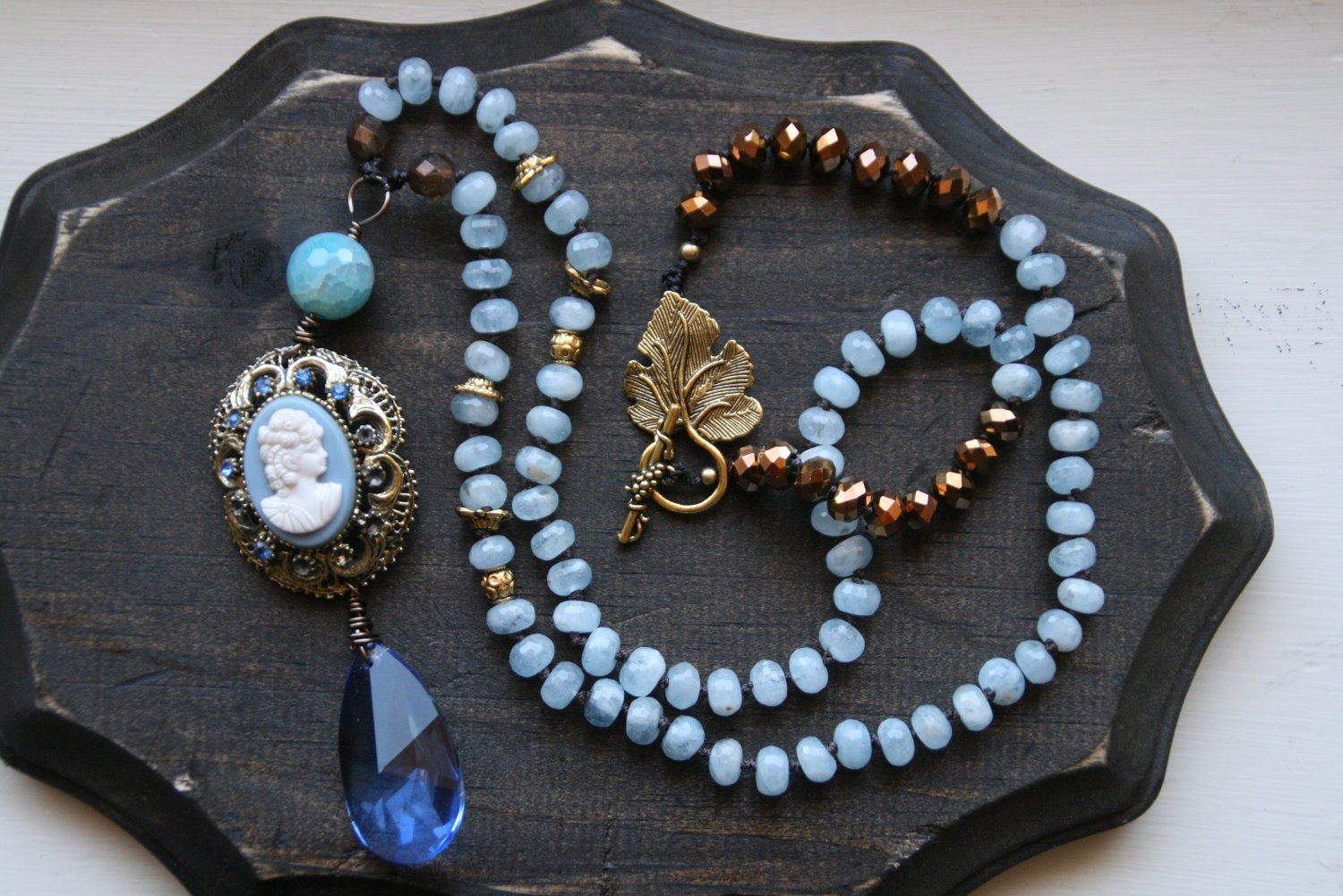Blue Crystal Vintage Cameo Rosary Necklace