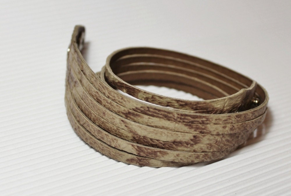 Python  Print Sliced Cuff /  Brown Tan Snakeskin Print Leather Double Wrap Bracelet - Justlena
