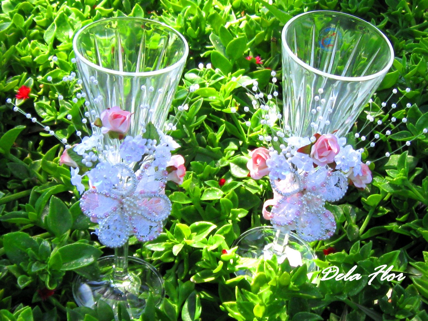 Dela Flor Spring Blush Floral Wedding Flutes - vintage, bridal, groom, ooak , fabric , beads, wedding, bride, Team Rockabilly Gone Glam