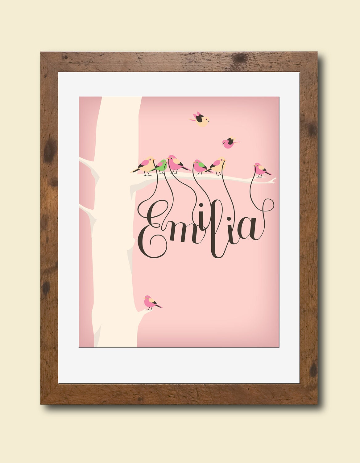 Personalized children's art print featuring your childs name dangling from the beaks of tiny birds.
