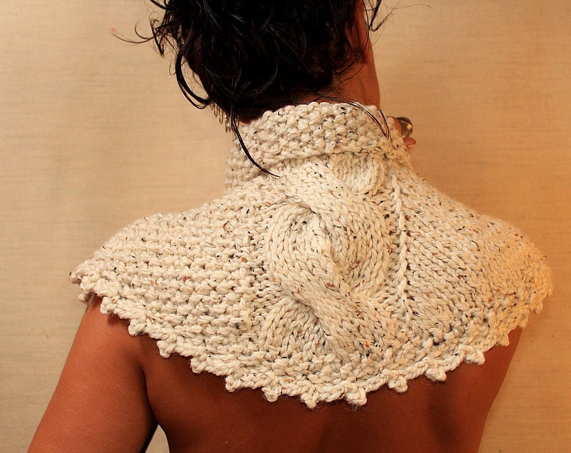 Troja's Fall / Hand Knit-Crochet Ivory Cape Poncho / Knit Cable Rustic Neck Cowl Scarf / Wood Buttons Leather / Winter Fashion
