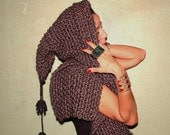Natural Warmth of Gentle Breeze / Hand Knit Dark Grey Hooded Scarf, Hoodie Hood / Leather,Wool /Winter Accessories