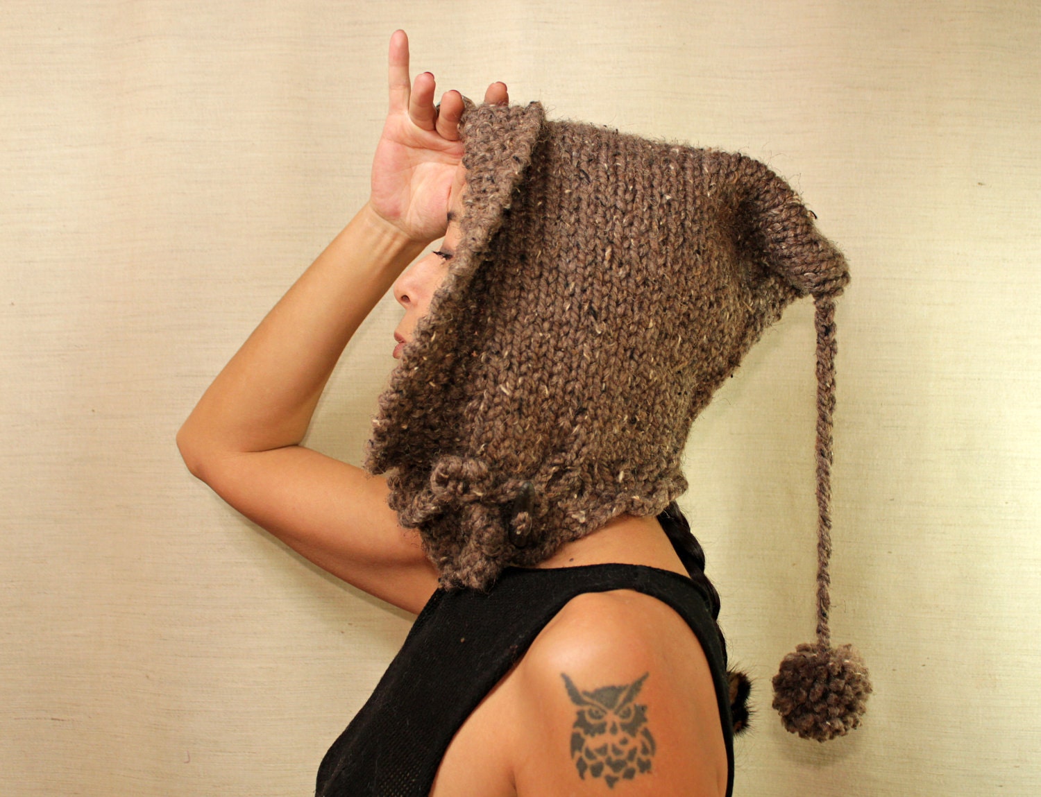 One Way Ticket to the Rain / Unisex Rustic Ear Flap Hat  / Dark Grey Wool Hood-Hand Knit, Crochet, Wood Button-Pom Pom / Winter Accessories