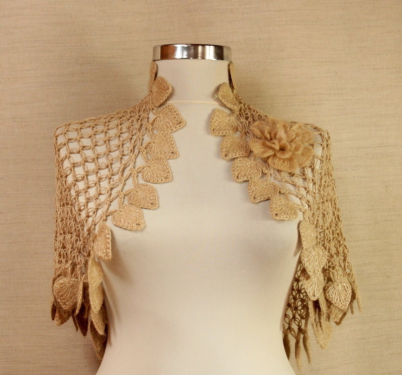 Land of Dreams / Crochet Shrug with Flower Brooch Caramel-Gold Short Sleeve Bolero Jacket Cardigan Wedding Bridal Shrug Bolero S M L