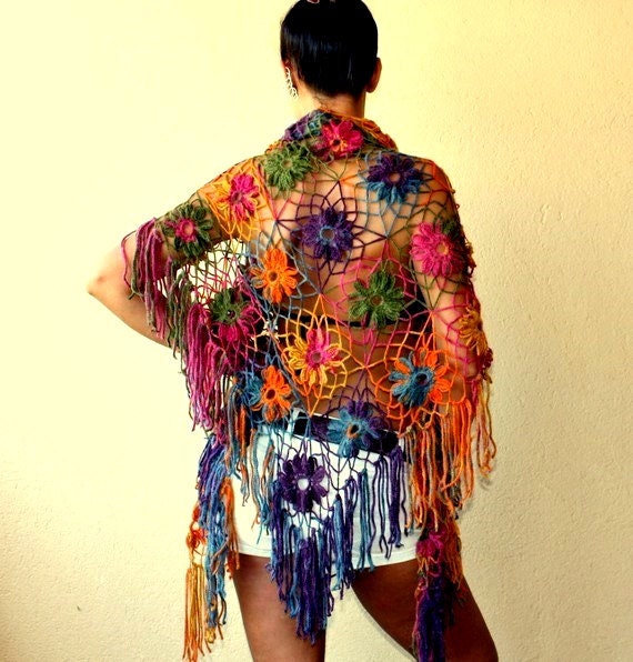 Rainbow's Glare / Crochet Flowers Shawl Wrap Stole / Lace Neck Warmer / Warm Colors / Fall Winter Spring