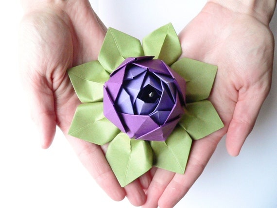 Lotus Flower - Origami Paper Flower - Gift, Decoration, or Favor -- Purple, Grape, Moss Green
