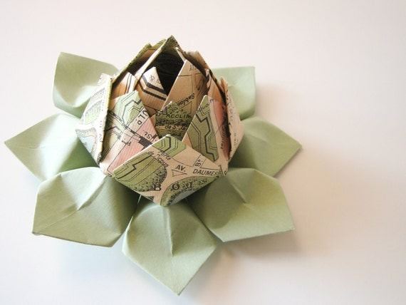 SALE - Paris Map Origami Lotus Flower Decoration, Gift, or Favor - French, handmade flower, coral, green, black, ivory, travel