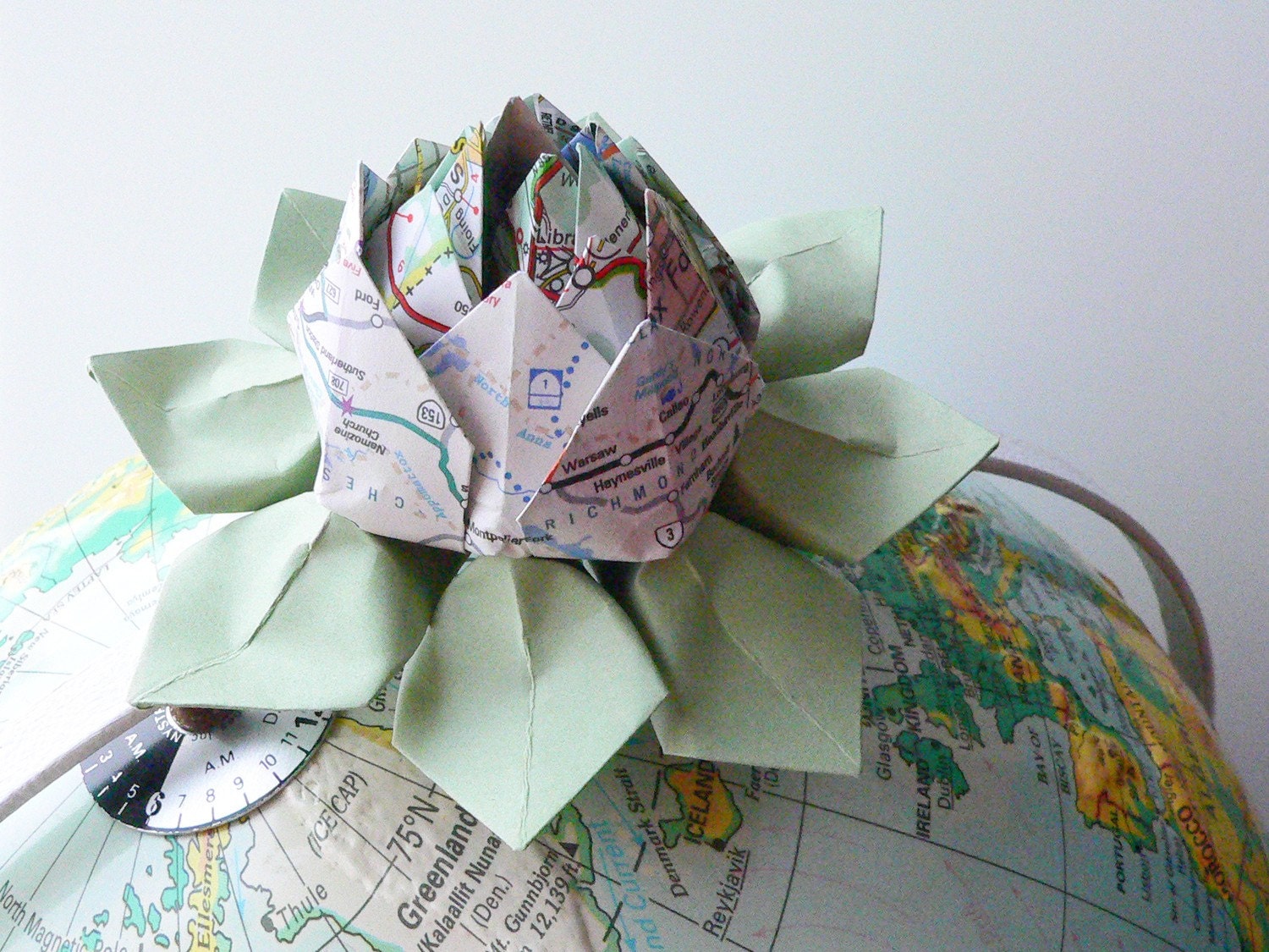 Origami Lotus Flower handmade from a recycled highway map - Decoration, Favor, Gift, Graduation, Birthday, Wedding