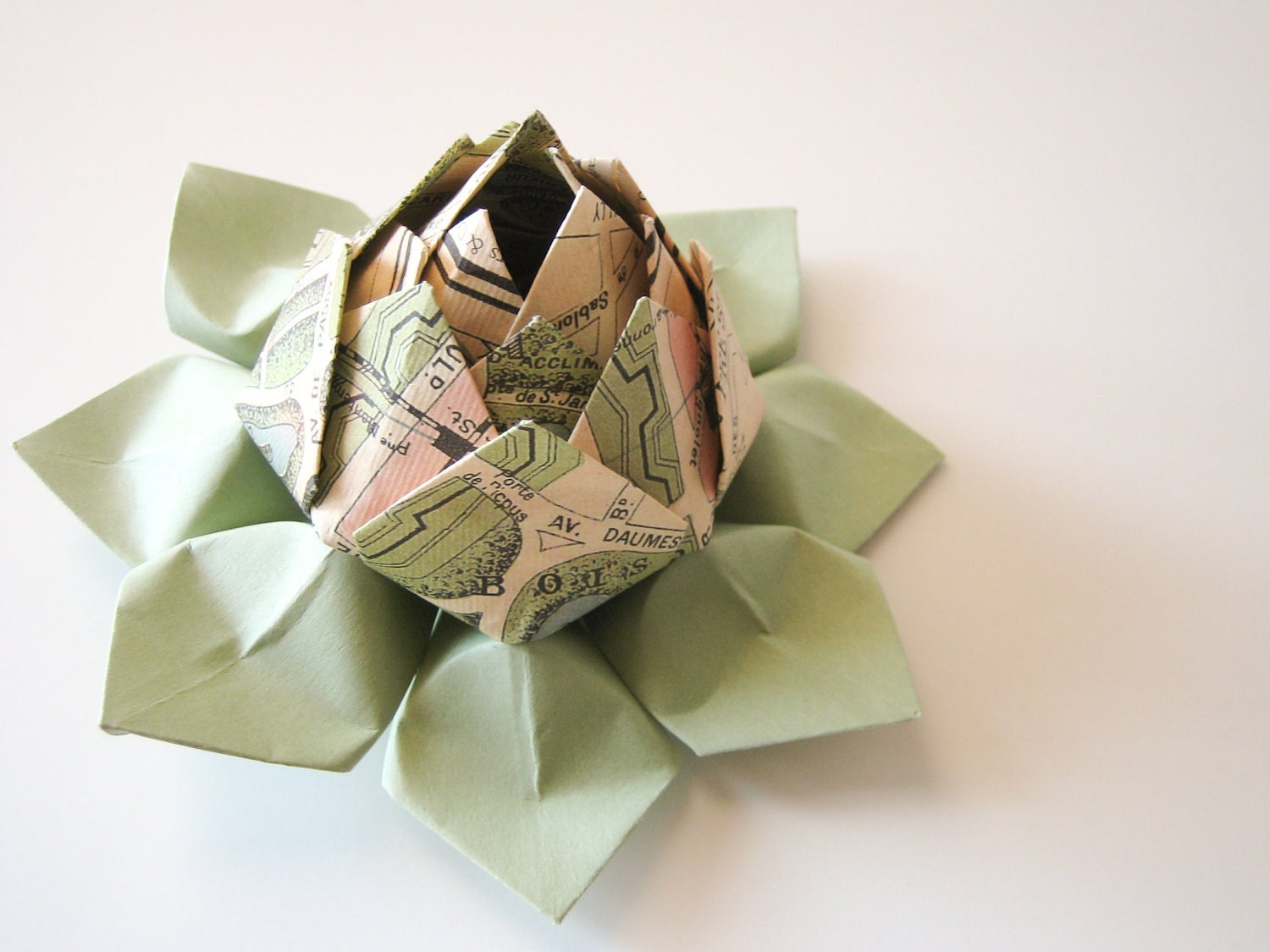 SALE - Paris Map Origami Lotus Flower Decoration, Gift, or Favor - French, handmade flower, coral, green, black, ivory, travel