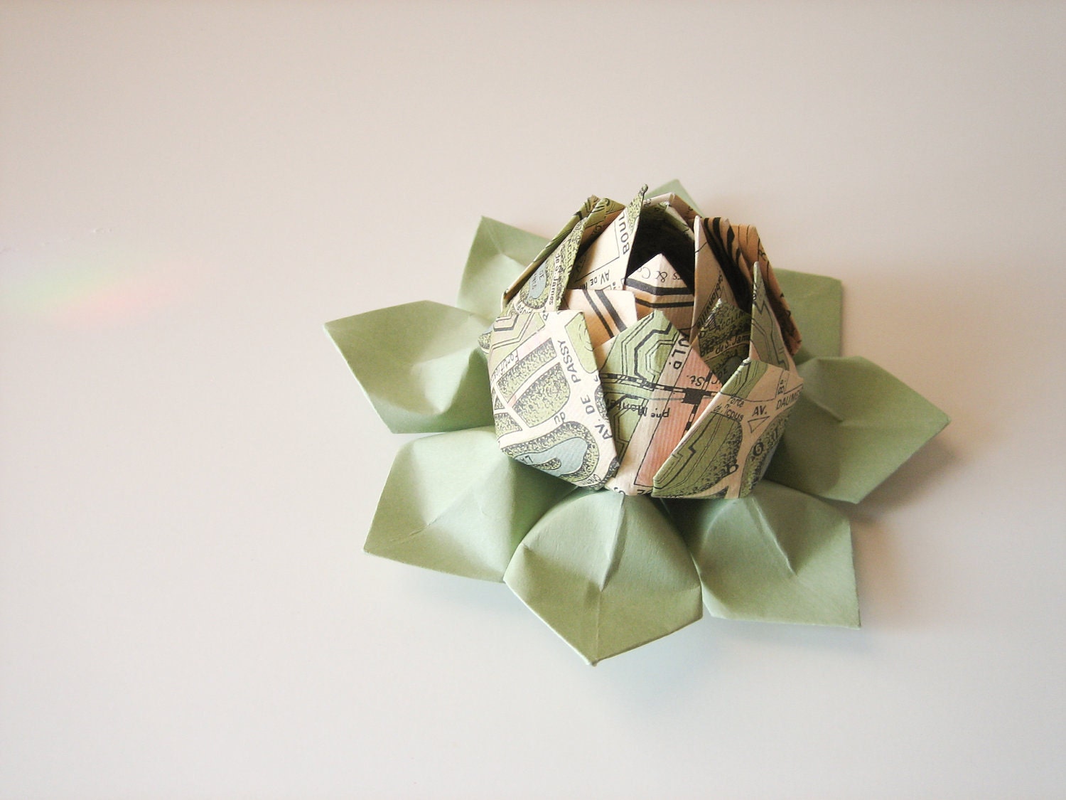 SALE - Paris Map Origami Lotus Flower Decoration, Gift, or Favor - French, handmade flower, coral, green, black, ivory, travel