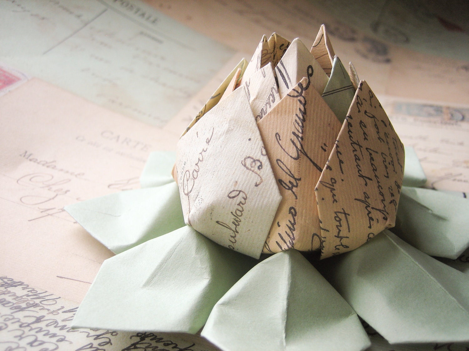 French Postcards Paper Flower -  Origami Lotus Flower -  Table Decoration, Hostess Gift, Birthday Gift, Thank You-- can ship directly