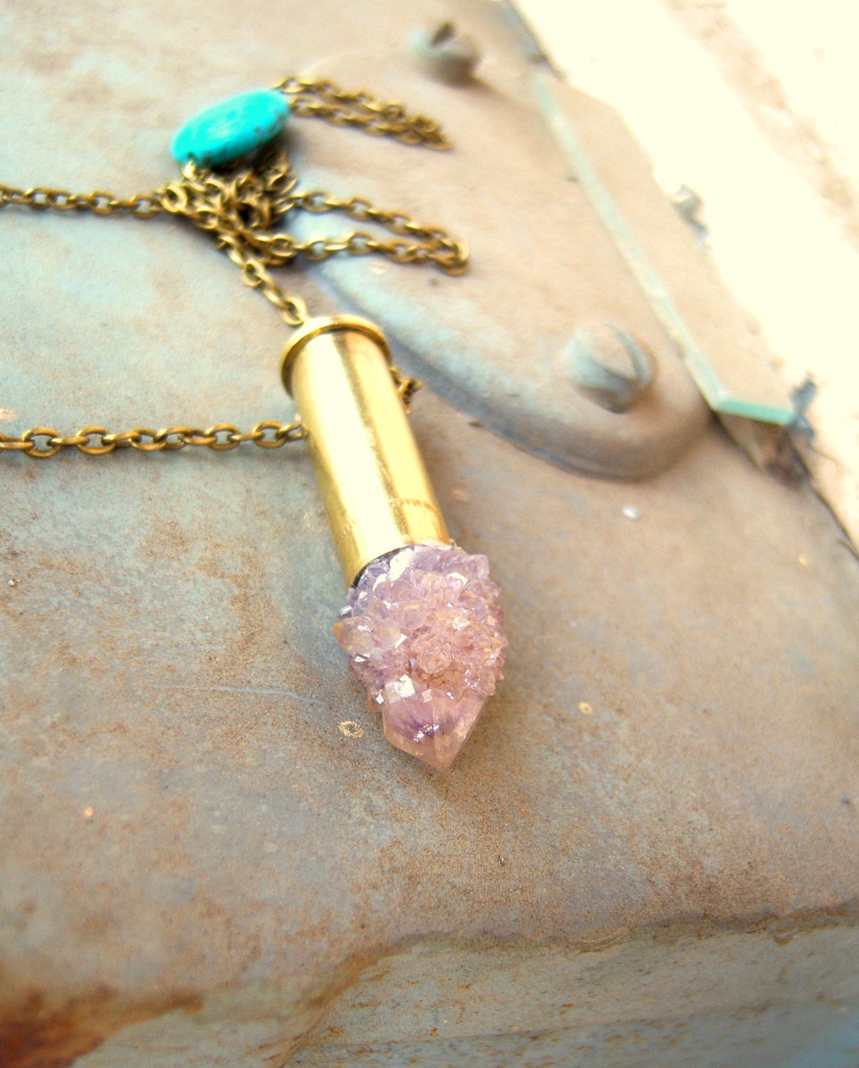 CLEARANCE-L.A. Raised-Stone of Fey 5-Amethyst Spirit Cactus Crystal-.38 Bullet Necklace
