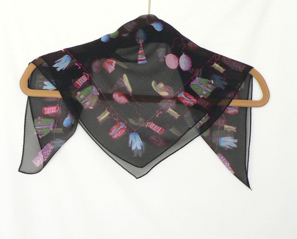 Vintage Black Silk Chiffon Scarf Decorated with Party Hats and Balloons