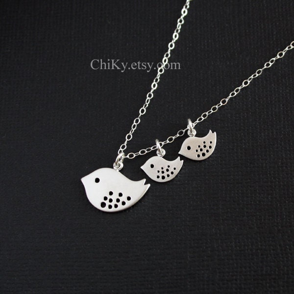 Bird necklace, mama and baby birds, family necklace, STERLING SILVER, new baby gifts, mothers day gifts, grandma necklace, bird jewelry