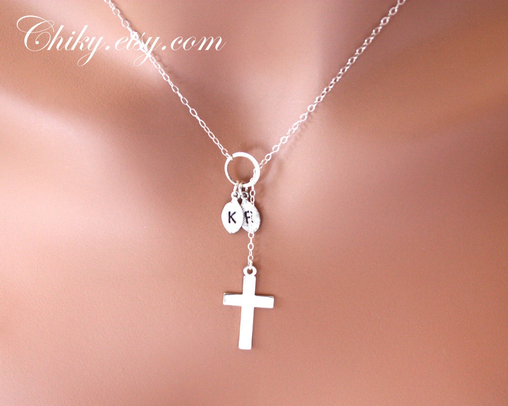 Cross necklace with initial leafs, horizontal cross necklace, STERLING SILVER, simple necklace ,personalized gift, faith necklace