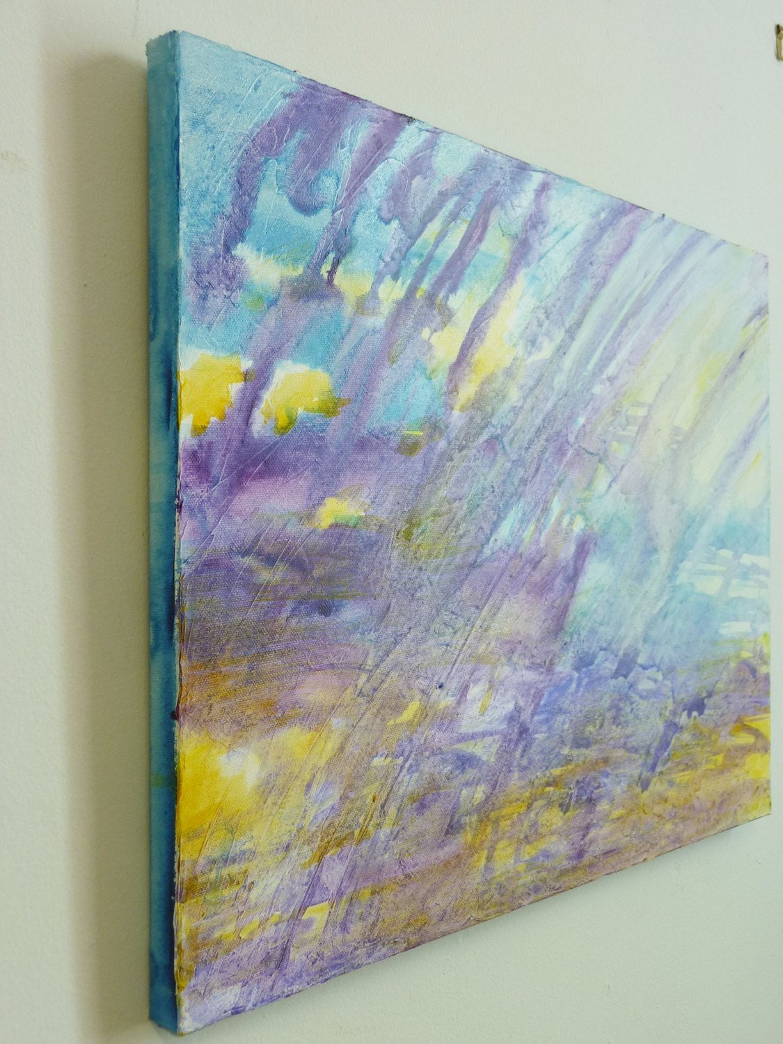 abstract painting in purple, lilac, yellow and aqua, acrylic paint on canvas, titled spring rain, framed
