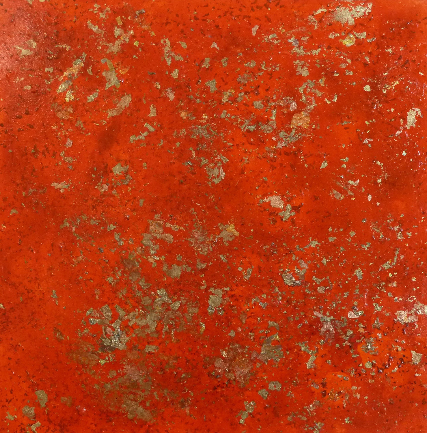 abstract painting, orange and red with gold, bronze and copper leaf, framed, titled rupture x