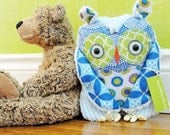 Stuffed Owl Pillow - Owl Good Luck Friend - BWinks Blue Chenille and Blue cotton fabrics - Ocean - Limited V