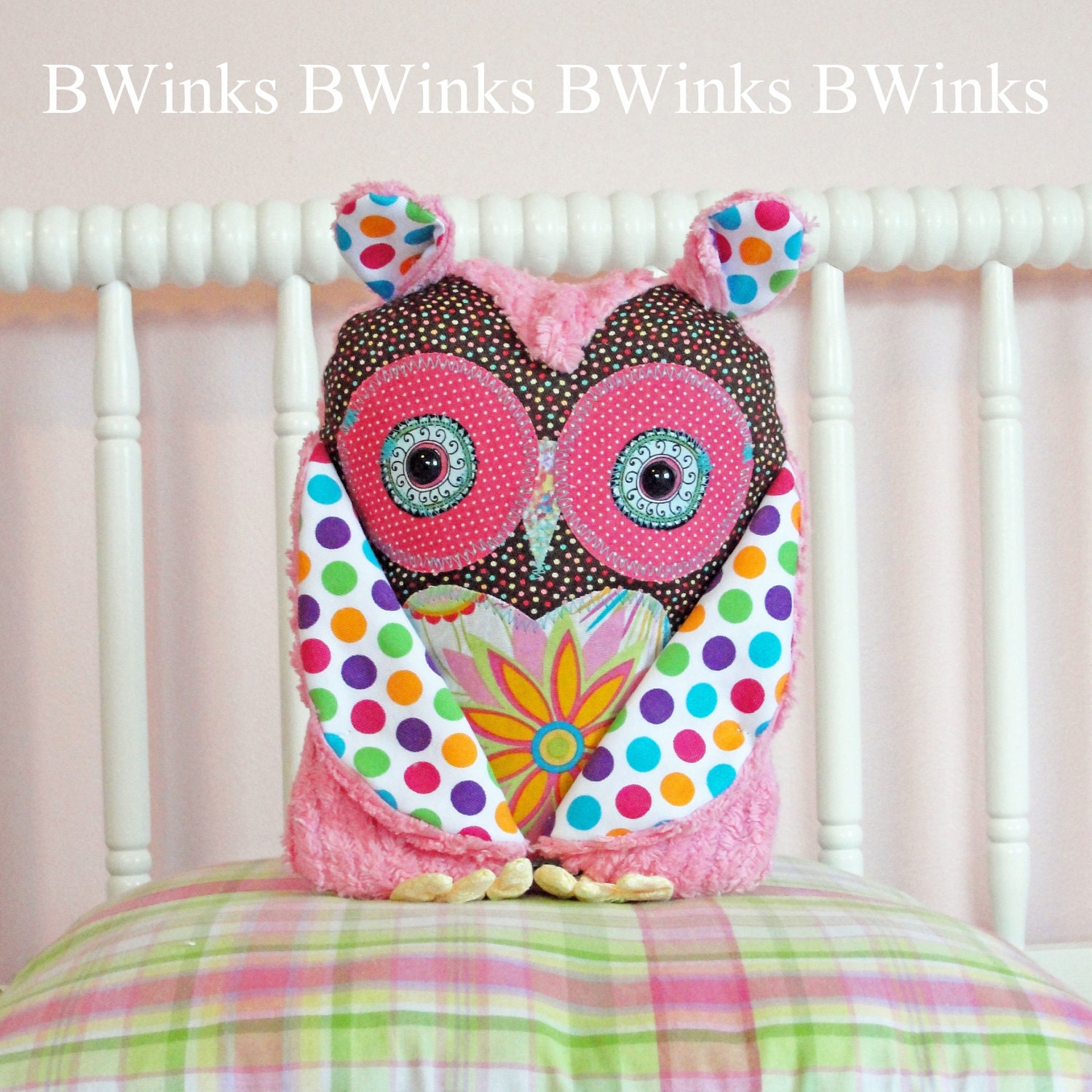 Owl Pillow Stuffed Owl Plush Toy - BWinks Girl Pink Cotton Fabrics with Bight Pink Chenille - Bright Dots