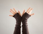 Long Brown Fingerless Gloves, Thumb hole Arm Warmers, Angora Jersey