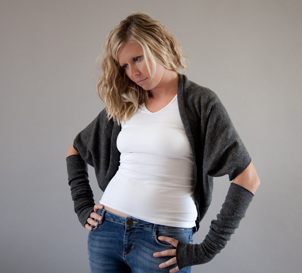 ON SALE-Cropped Shrug Cardigan in Charcoal Grey, Short Sleeved Bolero Shrug, Winter Bolero in Dark Gray Angora Jersey by MoonHalo