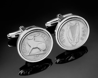 Mens Cufflinks-Ireland threepence Cufflinks-Genuine Coins- WB yeats the poet chose the design-Rare cufflinks
