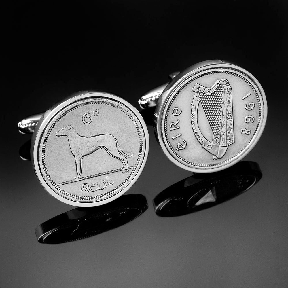 Cufflinks for men-Irish wolfhound cufflinks- Old Irish sixpence coin. Real coins used.