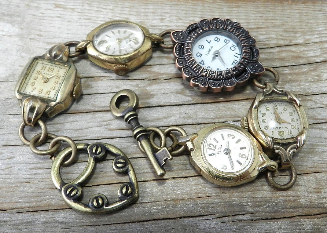 Steampunk Bracelet Vintage Wrist Watch WORKING Watch Bracelet Heirloom Collection Gold and Bronze Filigree handmade by Compass Rose Design