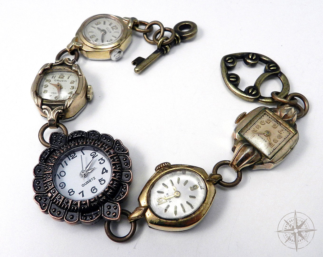 Steampunk Bracelet Vintage Wrist Watch WORKING Watch Bracelet Heirloom Collection Gold and Bronze Filigree handmade by Compass Rose Design