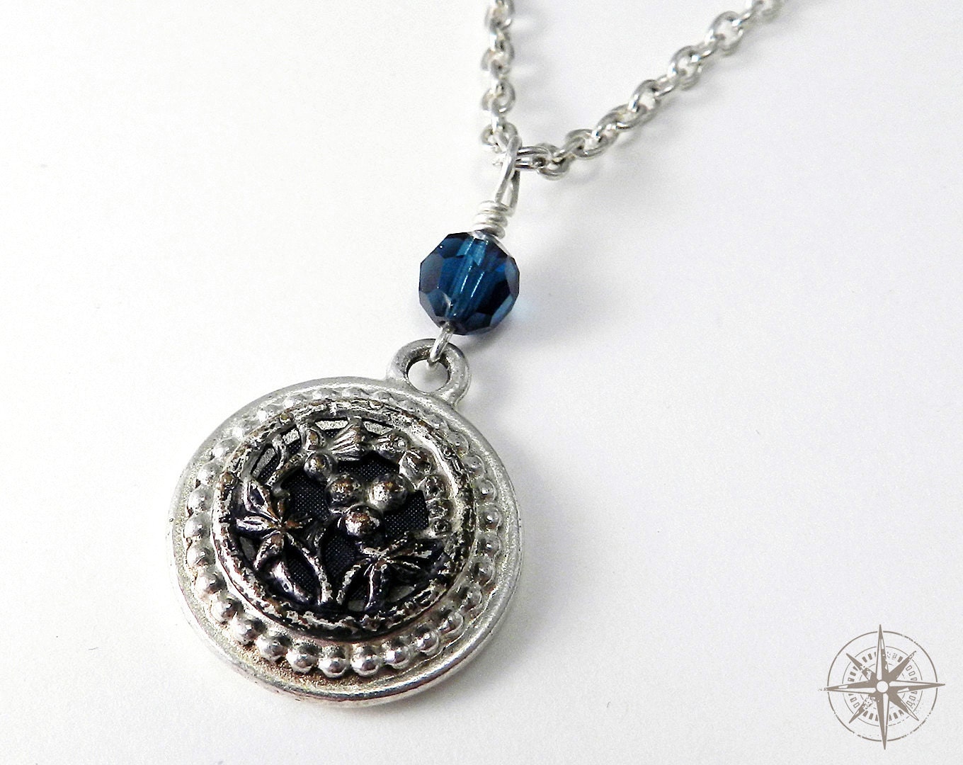 Button Necklace on Button Necklace Victorian Silver Blue Winter Blossom Picture Button