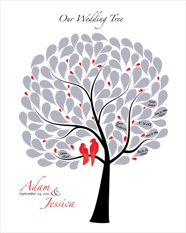 Personalized Wedding guest book tree Signature Tree, Love birds in black white red silver colors, Guestbook custom wedding gift