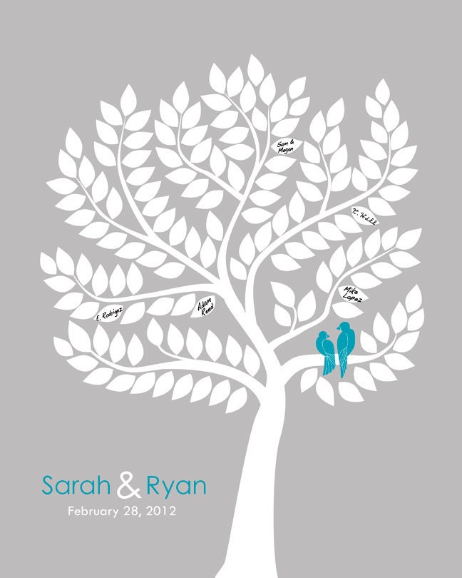 Personalized Wedding Gift Wedding Guest Book Alternative Wedding Guestbook Poster tree with love birds, something blue for 150 guests