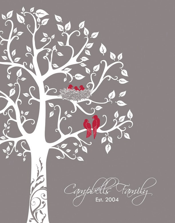 Personalized Family Tree with love birds and babies, Paper Anniversary Gift, Wedding Gift, gift for wife, Mother's Day gift, 11x14