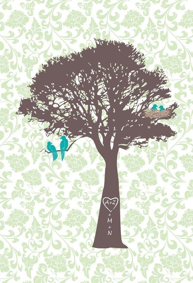 Love birds in the tree with babies, Customized family tree print with your initials