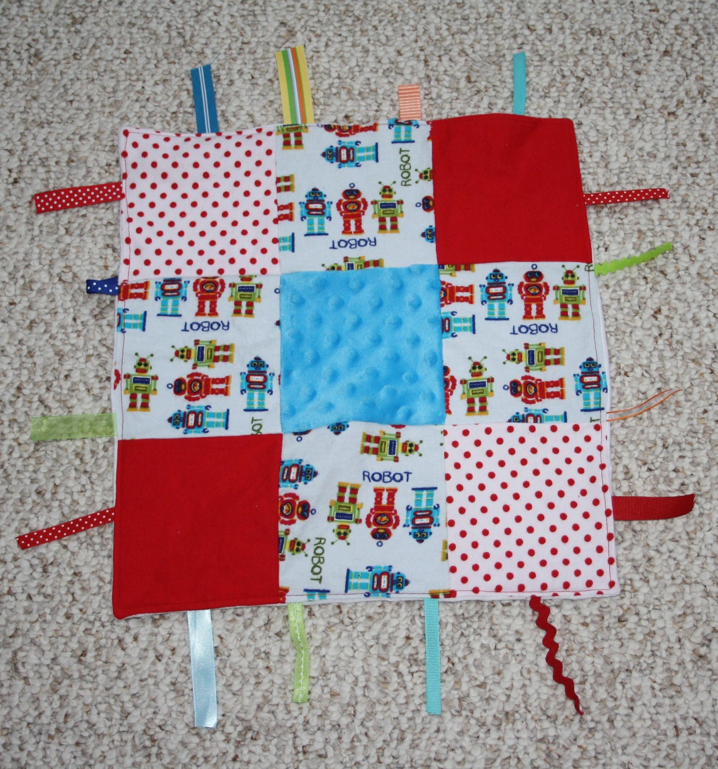 Ribbon Blankie- Robots, red, blue, green, white