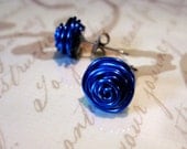 Nickel Free Post Stud Earrings. Cobalt Blue. Wire Wrapped. Quantum Rosette. Inspired by Physics, Science. Wire Rose.