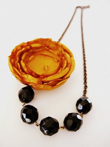 Sale- Saffron Yellow and Jet Black Beaded Flower Necklace